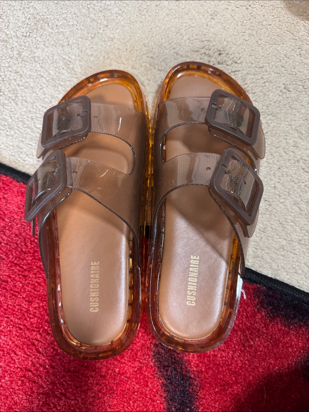 Cushionaire Brown Transparent Double-Buckle Slide Sandals